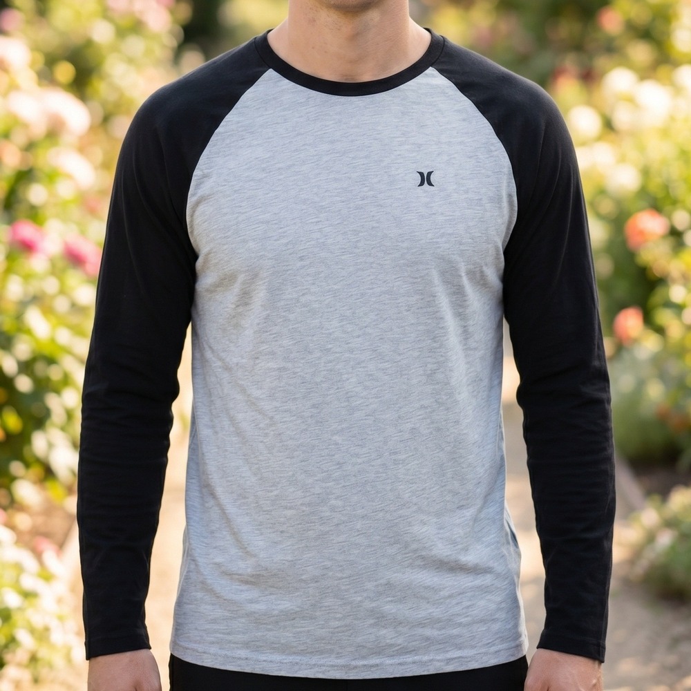 Hurley Mens Raglan Long Sleeve T-Shirt Heather Grey Black Logo Surf Tee L